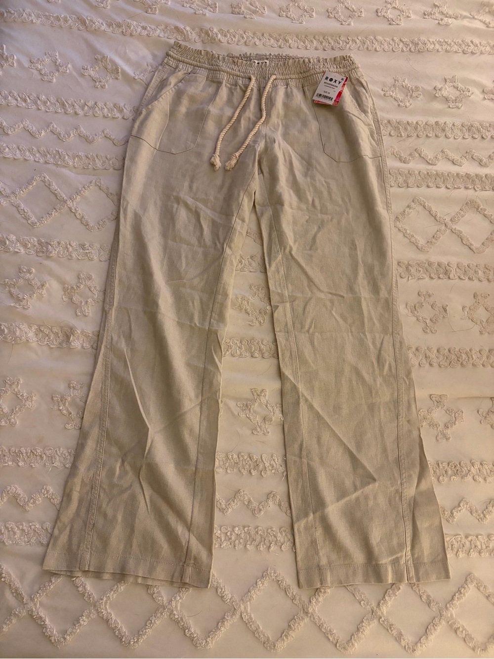 Roxy Oceanside Linen Blend Drawstring Pants Beige NWT M